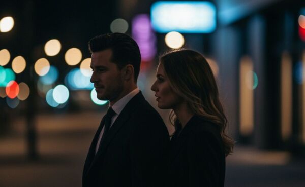 Discreet couple walking together at night representing affair dating sites