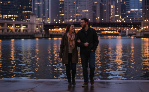 Couple walking on the Chicago Riverwalk at sunset with skyline in the background