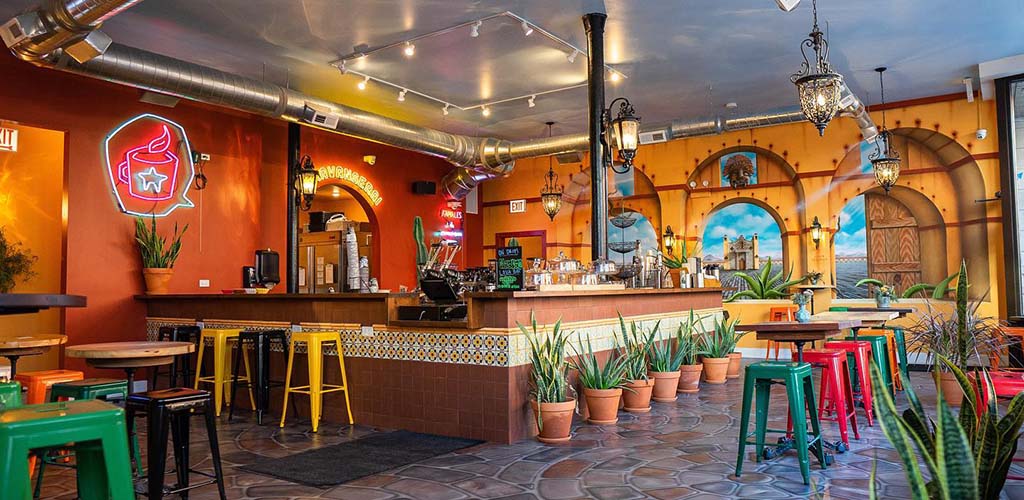 Inside the summery interior of Dark Matter Coffee