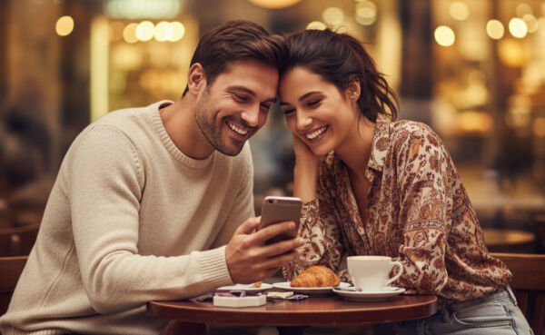 Couple looking at a dating app on a phone in a cozy cafe