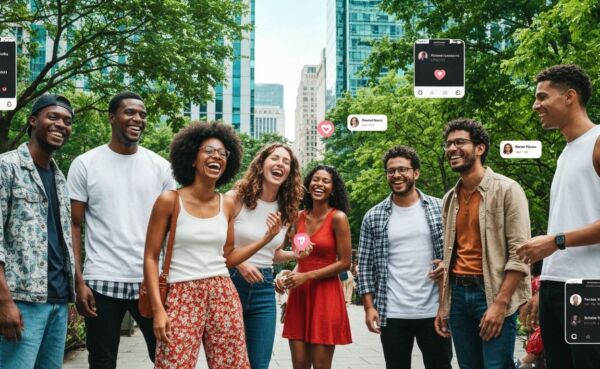 Happy people using local dating apps in a city park, symbolizing successful connections.