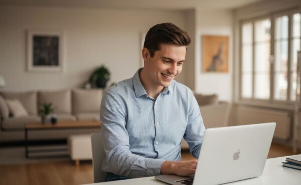 A professional photo of a man smiling during a video call on his laptop, representing the instant connections and positive experience of the LuckyCrush platform.