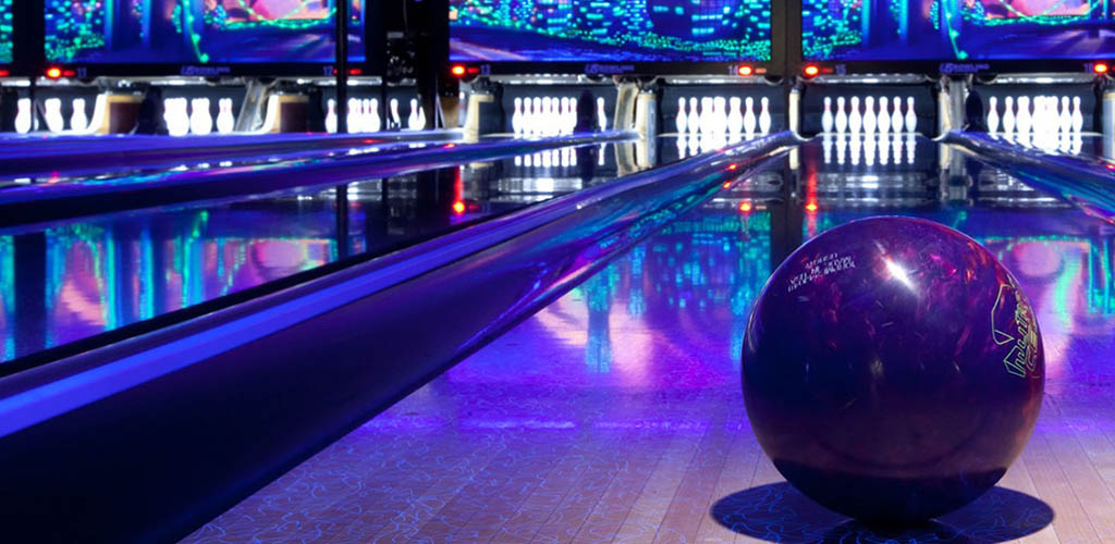 The cool neon-lit bowling alleys at The Bowler Fargo