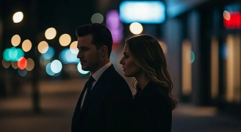 Discreet couple walking together at night representing affair dating sites