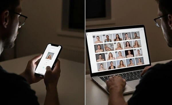 Split view of smartphone and laptop screens showing cam site differences in layout and screen real estate for better user experience.