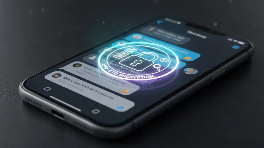 Phone showing encrypted chat and a lock icon to represent platform security checks