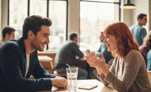 A relaxed café scene with a laughing couple on a casual dating moment, highlighting modern dating.