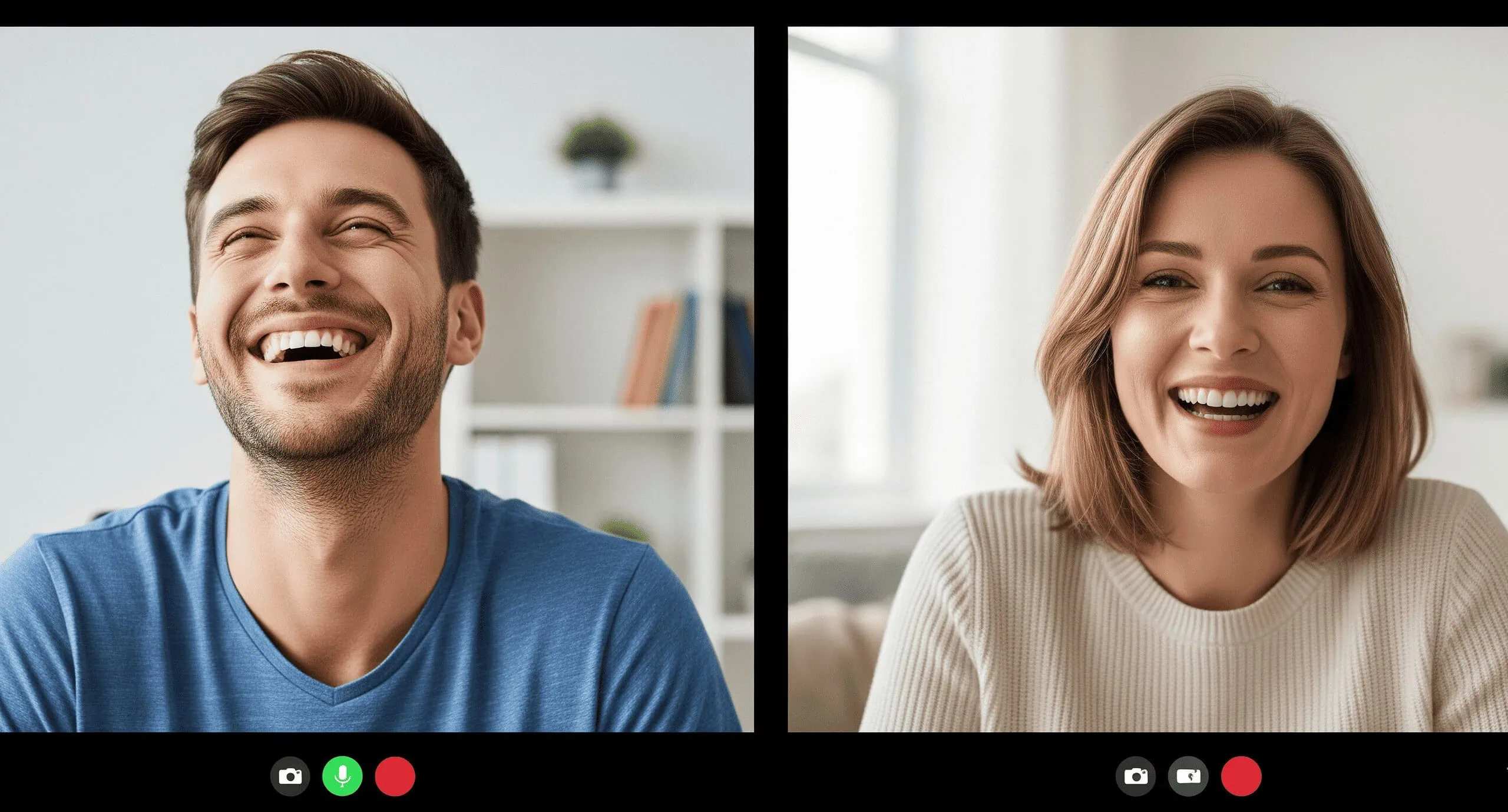Man and woman sharing a laugh on a random video chat platform like Flingster