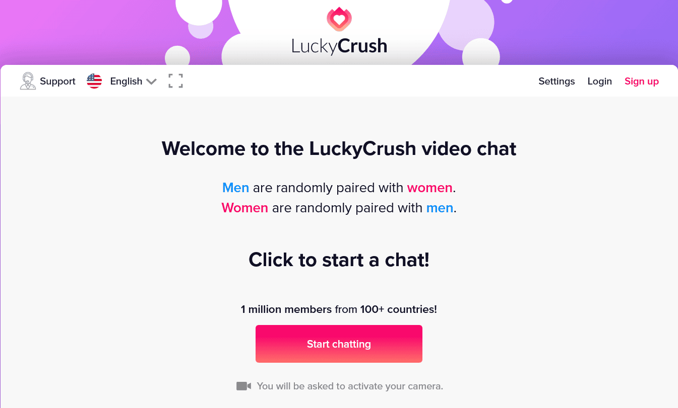 A screenshot of the LuckyCrush video chat interface, highlighting its simplicity and the prominent "Start Chatting" button for instant connections.