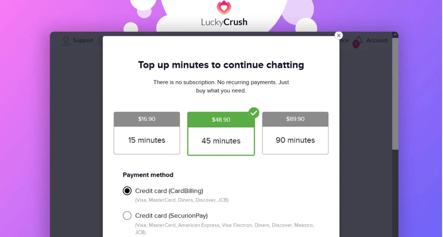 A screenshot of LuckyCrush's pricing page, showing the various credit packages and costs for male users.