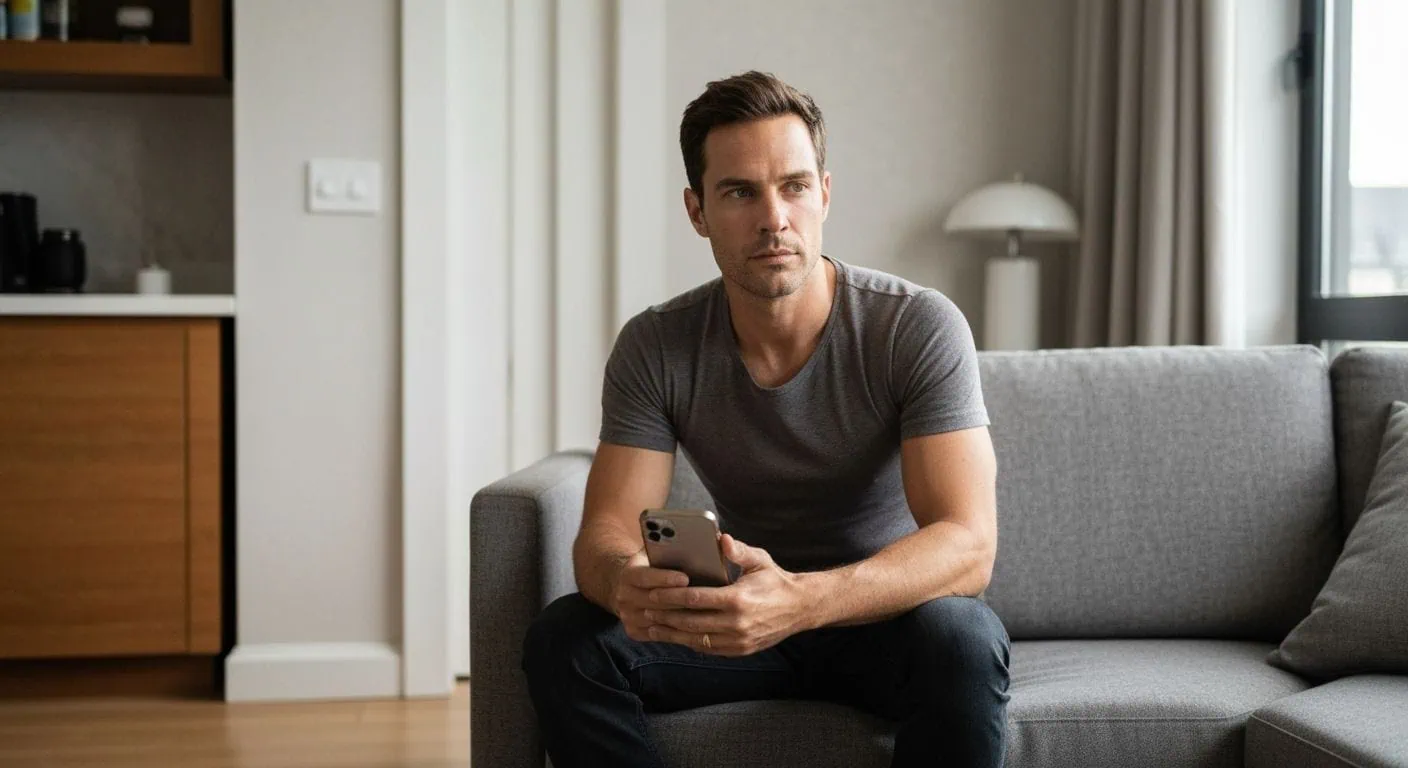 A man on a couch, looking at his phone, representing the casual and personal nature of online dating on a site like Adult Friend Finder.