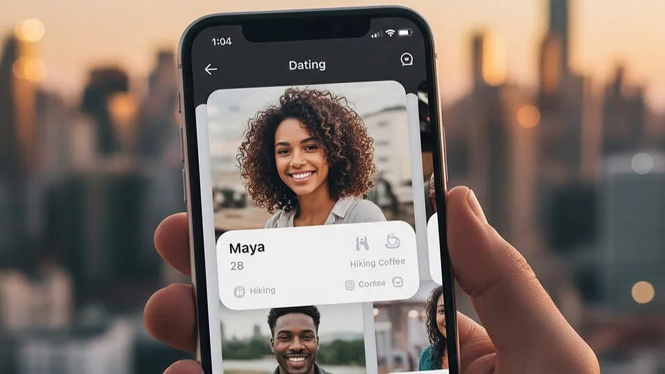 Smartphone displaying a colorful dating app interface with profile cards, set against a blurred cityscape at dusk, emphasizing modern online dating.
