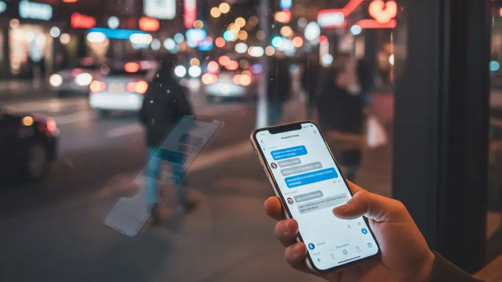 Busy urban evening with a smartphone showing active chats to illustrate modern dating