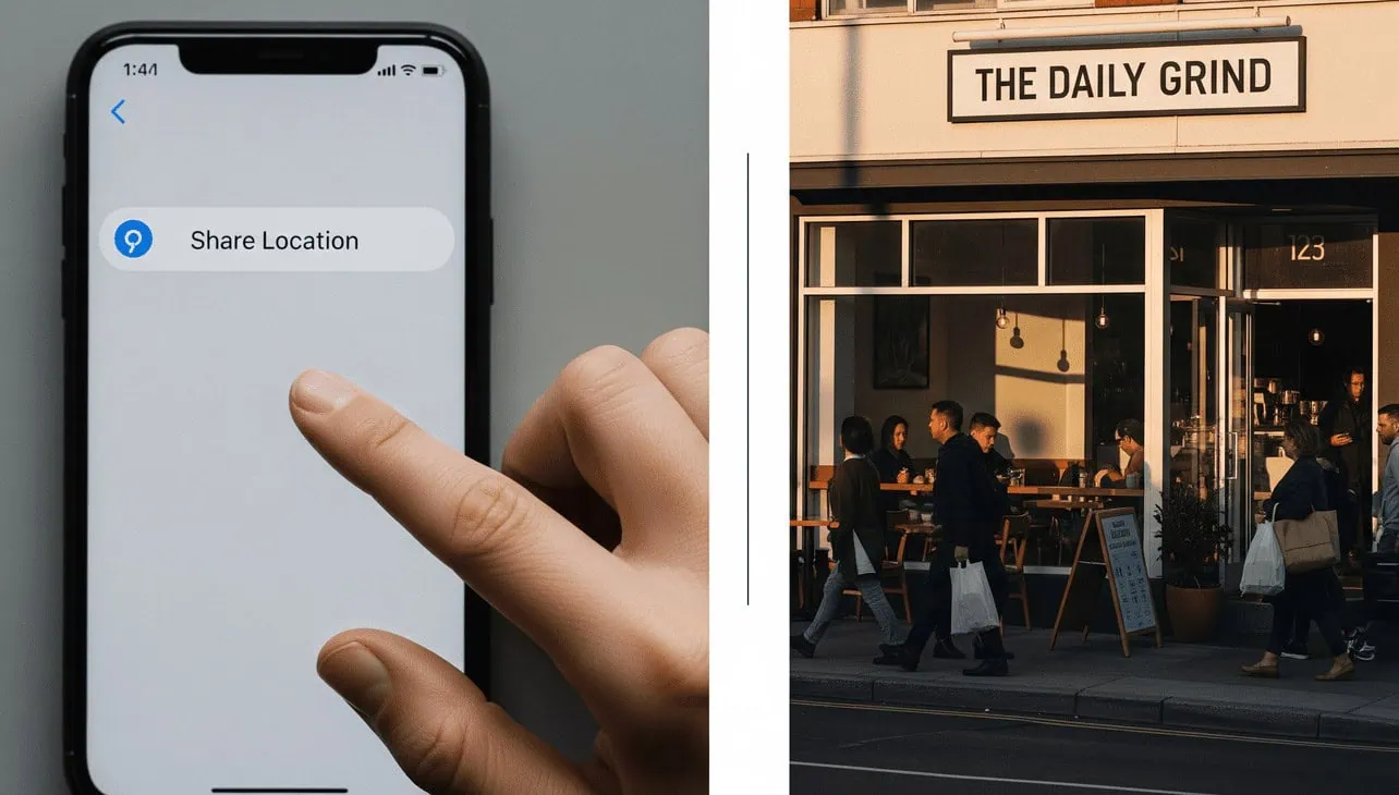Phone showing share location feature and a busy public cafe for a safe first date